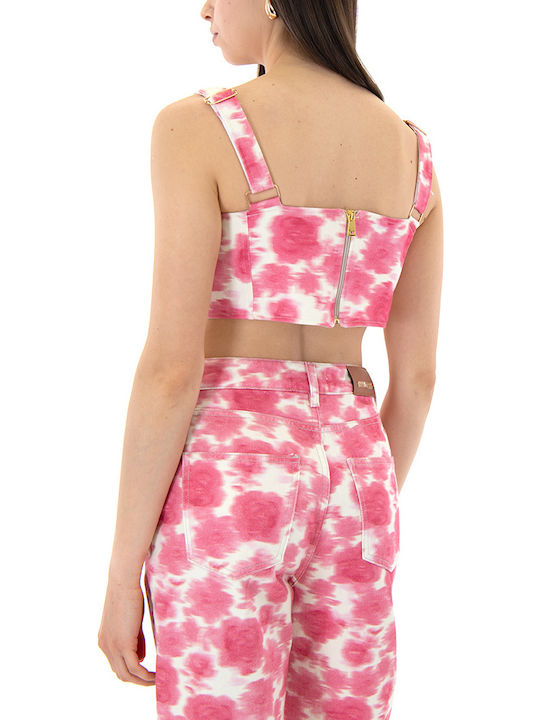 Women's Crop Top Cotton with Zipper Floral Ekru - Fuxia