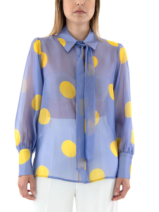 C. Manolo Women's Silky Polka Dot Long Sleeve Shirt Blue
