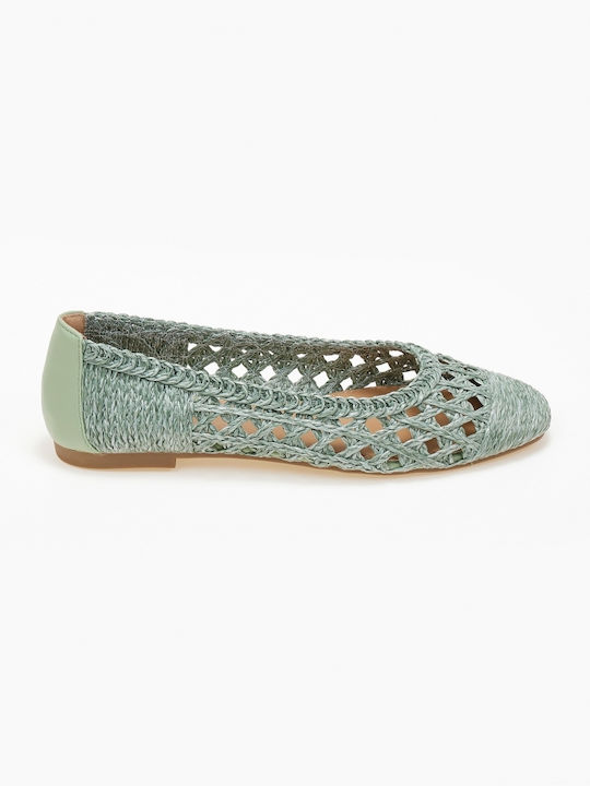 Woven Straw Ballerinas Knitted Design Green