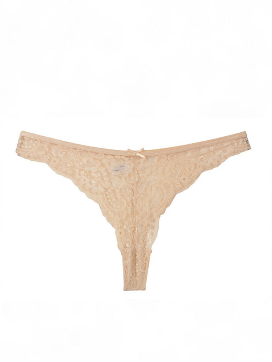 Women's String with Lace Beige