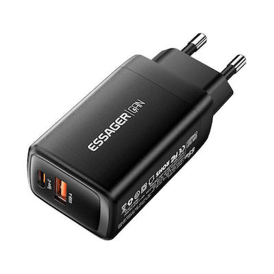 Essager Зарядно без кабел GaN (Галуниев нитрид) с USB-A порт и USB-C порт 65W Доставка на енергия / Бързо зареждане 3.0 Черно (ECTAC-RYB01-Z)