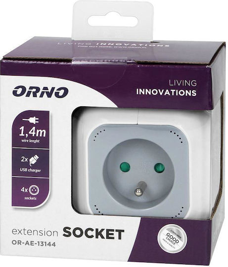 Orno Πολύπριζο Aσφαλείας 4 Θέσεων με 2 USB-A και Καλώδιο 1.4m Γκρι Γαλλίας (Type E)