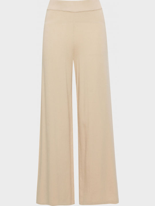 Women's Fabric Trousers Flared with Elastic Regular Fit Beige