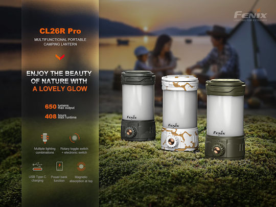 Fenix Pro Led Rechargeable Lantern for Camping with Flashlight & Powerbank 650lm Gray Grey Camo