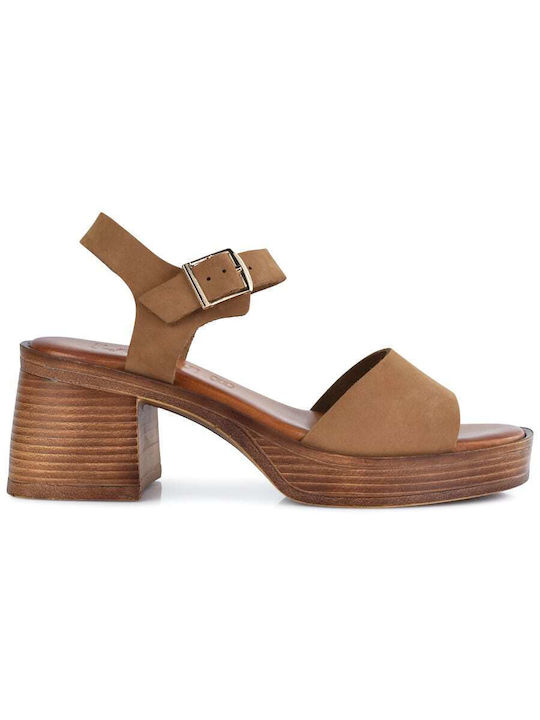 Lady Leather Women's Sandals Tabac Brown with Medium Heel