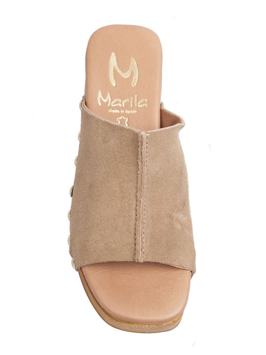Leather Mules with Chunky Heel in Brown Color