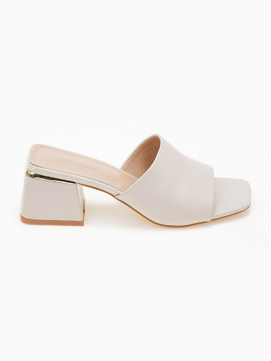 Mules Checkered Line Thick Heel Beige