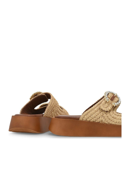 Leder Flache Sandalen für Damen Flatforms in Beige Farbe