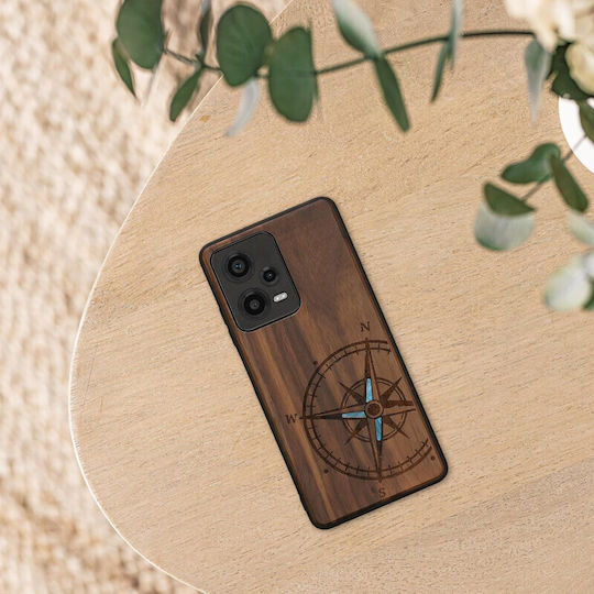 KWmobile Navigational Compass Umschlag Rückseite Hölzern Mother of Pearl - Dark Brown (Redmi Note 12 Pro / Poco X5 Pro)