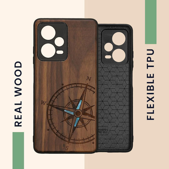 KWmobile Navigational Compass Umschlag Rückseite Hölzern Mother of Pearl - Dark Brown (Redmi Note 12 Pro / Poco X5 Pro)