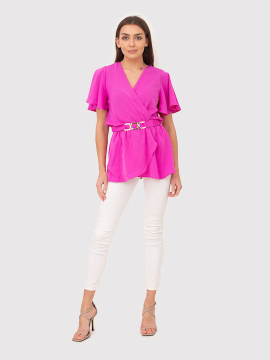 Ax Paris Damen Bluse mit V-Ausschnitt Pink