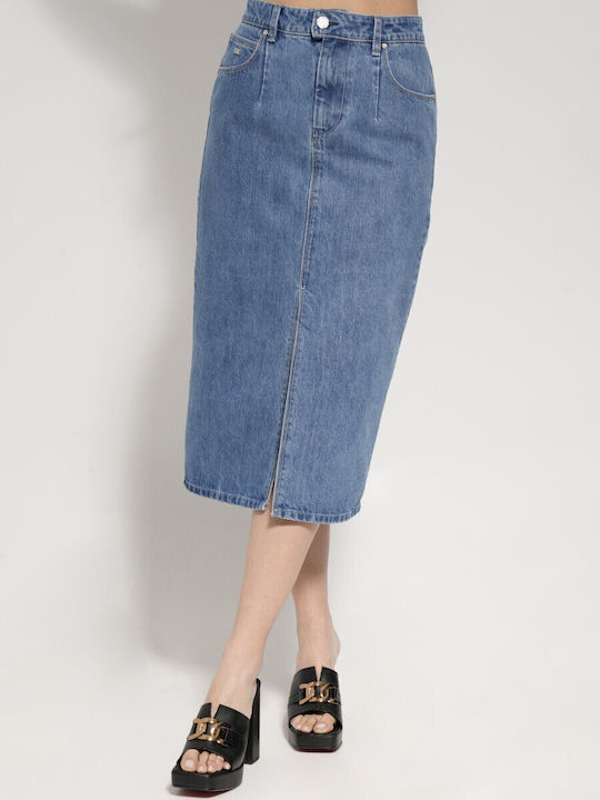 Denim Cu talie înaltă Midi Fustă Albastru
