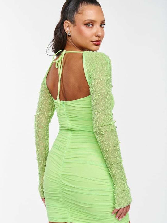 Mini See Through Beaded Lime Dress Mini See Through Beaded Lime Dress
