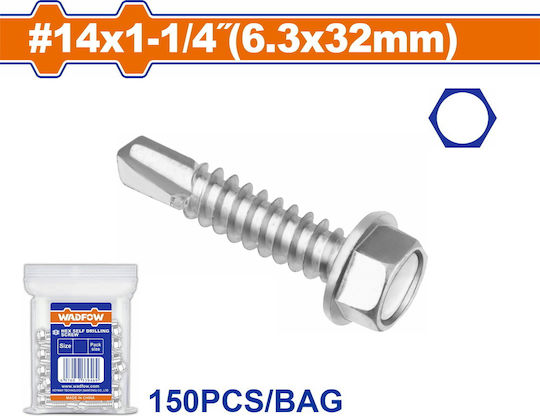 Wadfow Self-Piercing Sheet Metal Screw Hexagon Galvanized with Diameter M6.3 and Length 32mm 150pcs