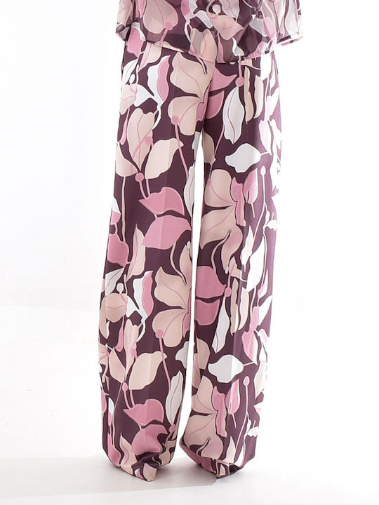 Damen Stoff Hose Blumen Lila