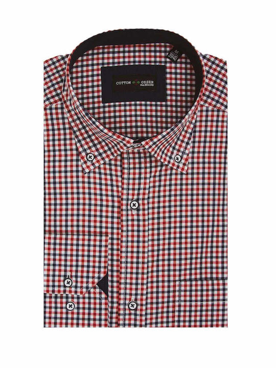 Cotton Green Men's Shirt Long Sleeve Cotton Checked Red