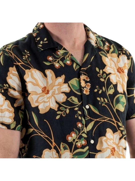 Short-sleeved Linen Shirt Floral White