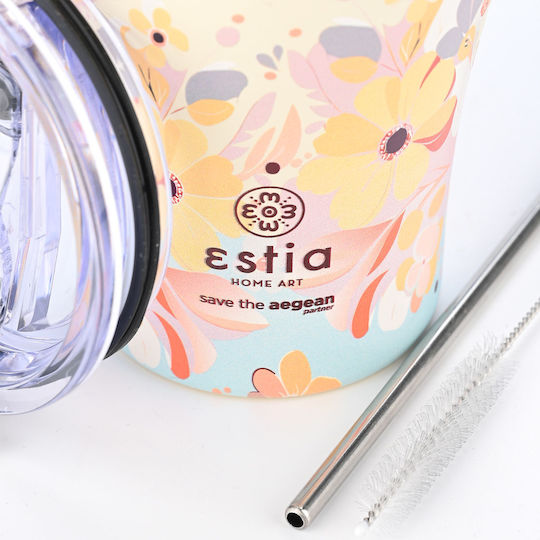 Estia Coffee Mug Save The Aegean Glass Thermos Stainless Steel BPA Free 350ml Spring sonata with Straw
