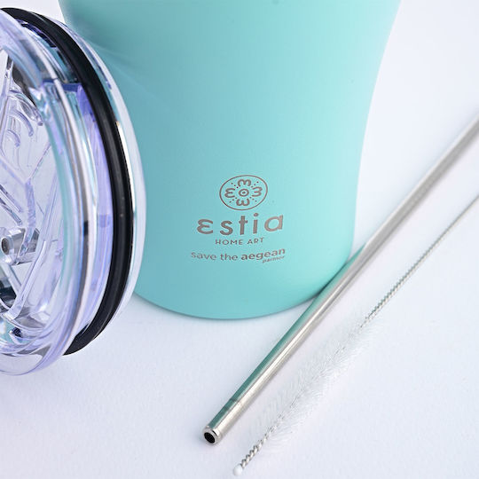Estia Coffee Mug Save The Aegean Ανακυκλώσιμο Ποτήρι Θερμός Ανοξείδωτο BPA Free 350ml Bermuda Green με Καλαμάκι