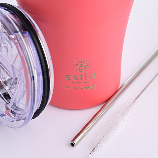 Estia Coffee Mug Save The Aegean Recyclable Glass Thermos Stainless Steel BPA Free 350ml Fusion Coral with Straw