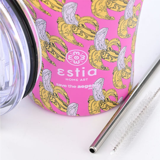 Estia Coffee Mug Save The Aegean Recyclable Glass Thermos Bottle Stainless Steel BPA Free 350ml Banana Swirl With Straw