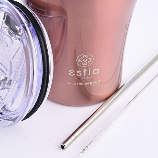 Estia Coffee Mug Save The Aegean Recyclable Glass Thermos Stainless Steel BPA Free 350ml Rose Gold with Straw