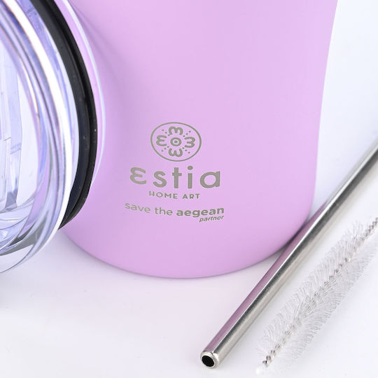 Estia Coffee Mug Save The Aegean Glass Thermos Stainless Steel BPA Free 500ml Lavender Purple with Straw