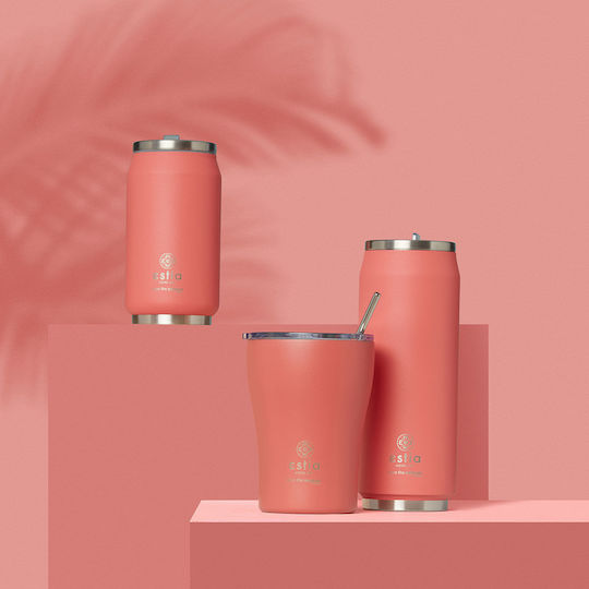 Estia Travel Cup Save the Aegean Recyclable Glass Thermos Stainless Steel / Plastic BPA Free 300ml Fusion Coral with Straw