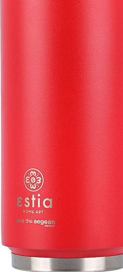 Estia Travel Cup Save the Aegean Recycelbar Glas Thermosflasche Rostfreier Stahl / Kunststoff BPA Frei 500ml Scarlet Red mit Stroh