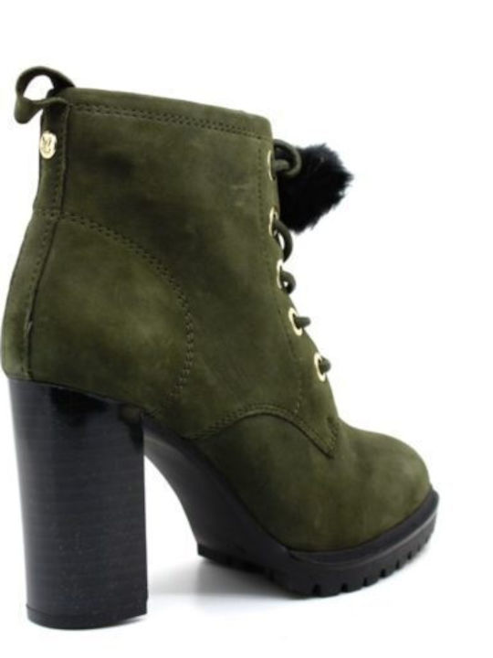 Caprice Leather Women's Ankle Boots with High Heel Khaki