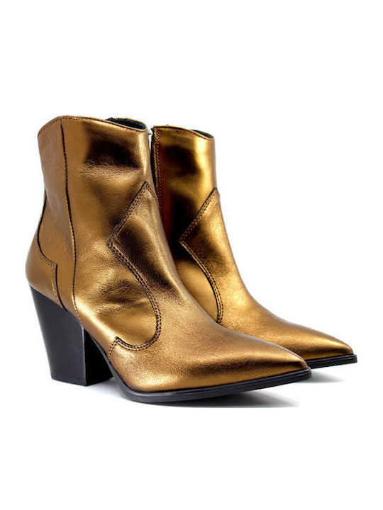 Leather Women's Cowboy Boots with High Heel Gold