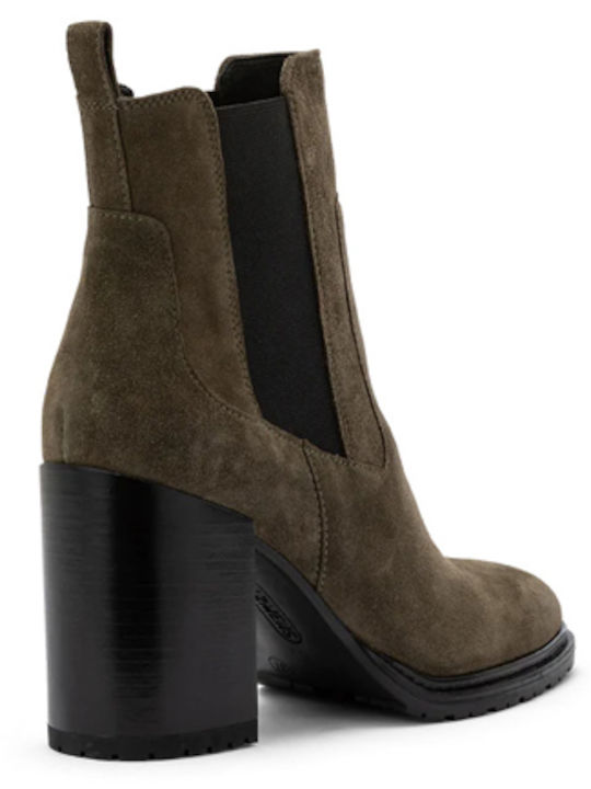 Leder Damen Chelsea Stiefeletten mit hohem Absatz Khaki