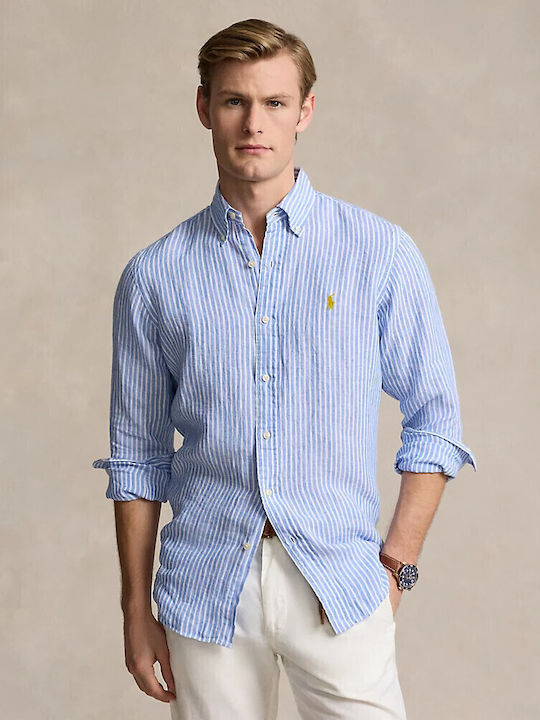 Long Sleeve Linen Shirt in Regular Fit Striped Blue
