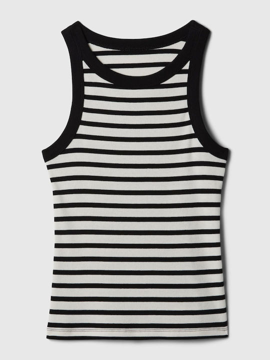 Black Modern Rib Halter Sleeveless Top White & Black Stripe