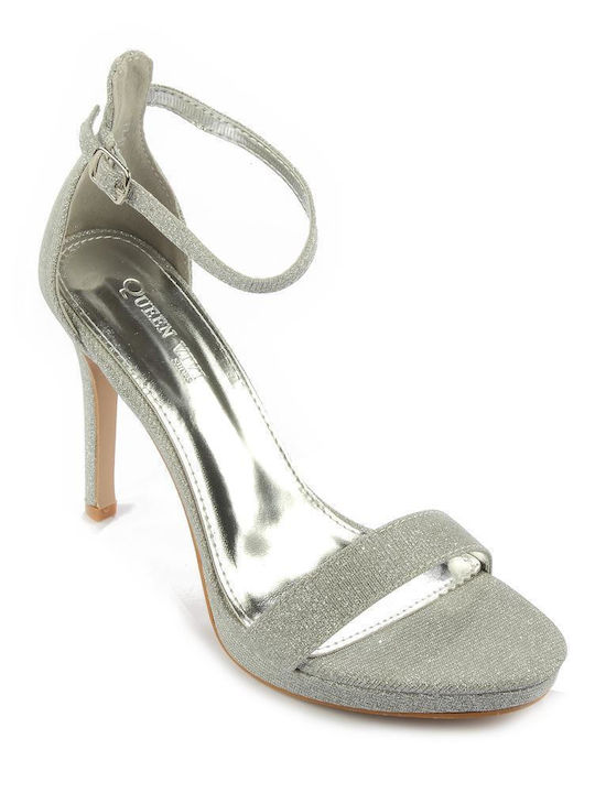 Fshoes Platform Women's Sandals with Ankle Strap Silver with Thin High Heel