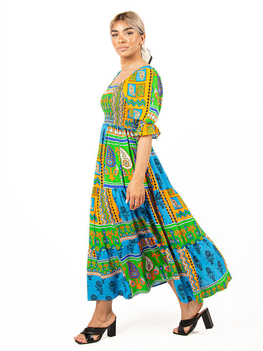 Boho Beehive Dress Green-Blue