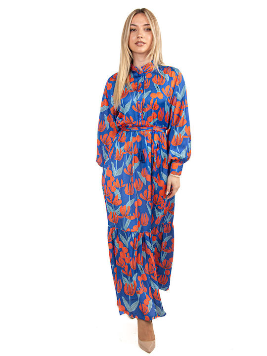 Satin Floral Dress Blue-Orange