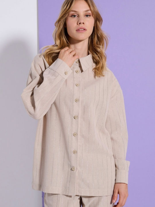Matis Fashion Women's Linen Striped Long Sleeve Shirt Beige