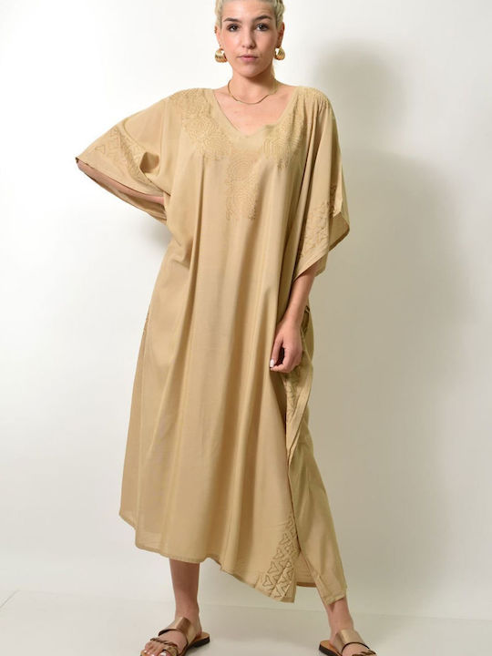 Women's Solid Color Kaftan with Gold Design Beige 24103