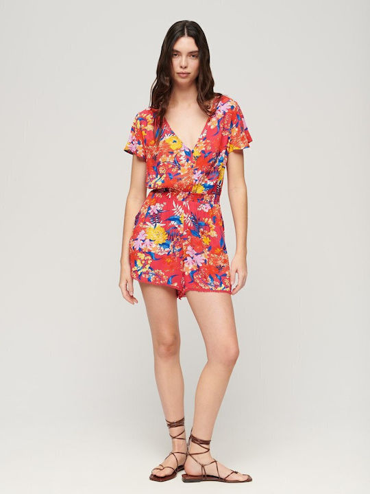 Beach Playsuit Damen Kurzärmelig Einteiler Shorts Rot