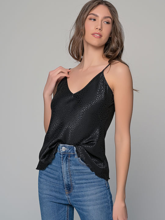 Women's Blouse Satin with Straps & V Neckline Black