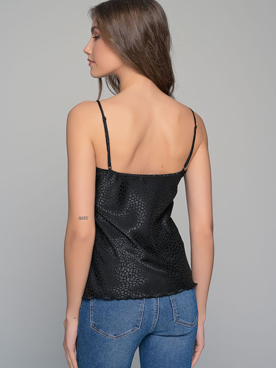 Women's Blouse Satin with Straps & V Neckline Black