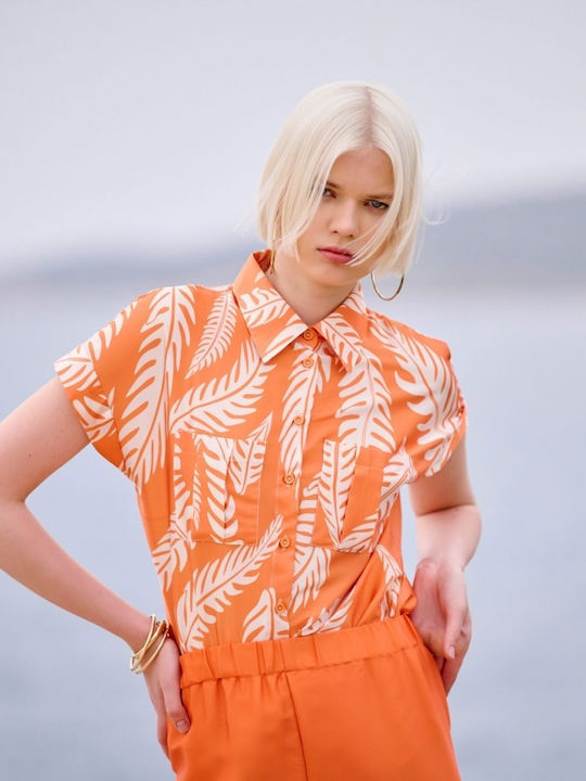 Matis Fashion Women's Satin Floral Short Sleeve Shirt Orange