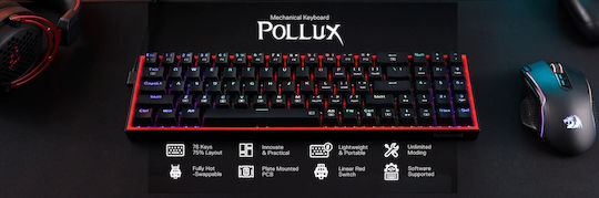 Redragon K628-RGB Pollux Gaming Μηχανικό Πληκτρολόγιο 75% με Custom Red διακόπτες και RGB φωτισμό (Αγγλικό US)