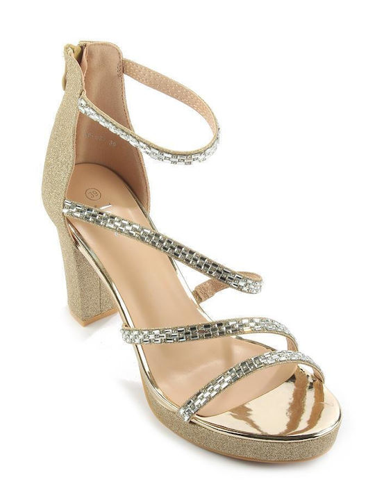 Fshoes Damen Sandalen mit Dünn hohem Absatz in Gold Farbe