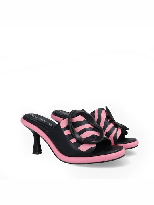 Leather Mules with High Heel in Pink Color
