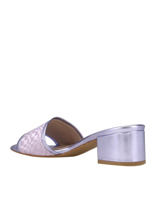 Antriou Leather Mules with Chunky Low Heel in Lilac Color