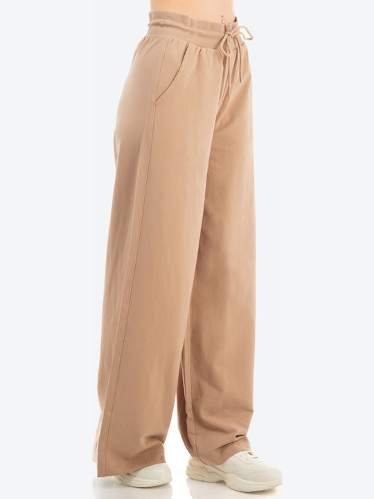 Benation Terry Wide Leg Pant Γυναικείο Παντελόνι Φόρμας Μπεζ