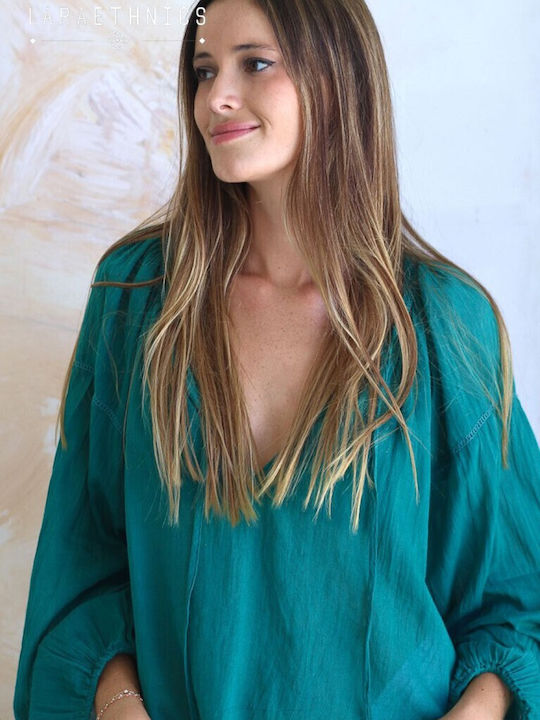 Lara Ethnics Damen Bluse Baumwolle mit 3/4 Ärmel & V-Ausschnitt Grün