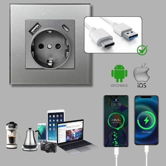 Einzeln Steckdose mit 2 USB-Anschlüssen Silber